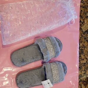 Gray Furry Slippers with Rhinestone Strap